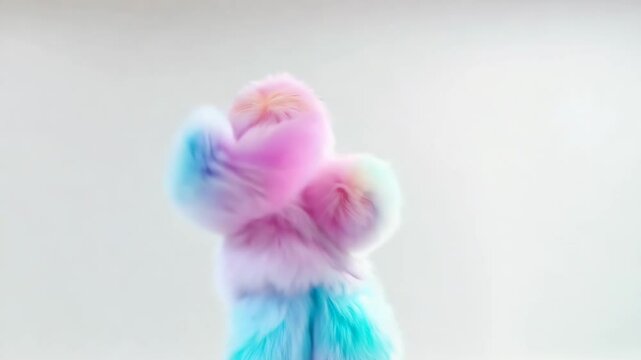 A pastel-toned vibrant fuzzy character blending pink, blue, and purple hues dancing away with joyful motion on a white background, applicable for creative concepts, fantasy themes, and motion design