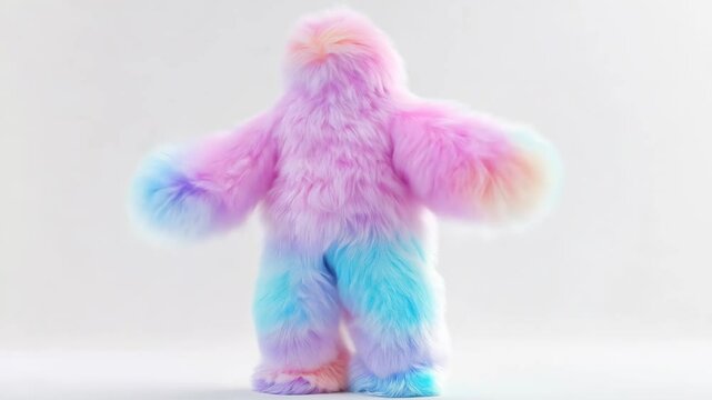 A pastel-toned vibrant fuzzy character blending pink, blue, and purple hues dancing away with joyful motion on a white background, applicable for creative concepts, fantasy themes, copy space