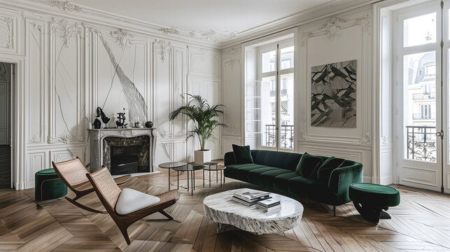 Salon classique avec une chemin&eacute;e en marbre et des fauteuils design en rotin.