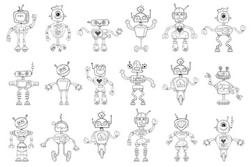 Find two identical robots. Finding differences. Black and white cartoon character. Choose right silhouette. Educational game. Funny vector illustration. Isolated on white background. Coloring book