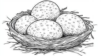 Nest Egg Savings. Four Spotted Eggs in a Bird s Nest Isolated on White, Line Art Illustration