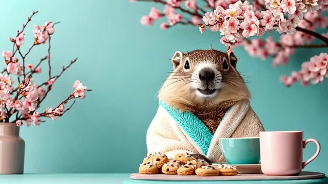 A groundhog wrapped in a soft scarf enjoying cookies and tea with cherry blossoms in the background, applicable for Groundhog Day, spring themes, cozy designs, and nature illustrations