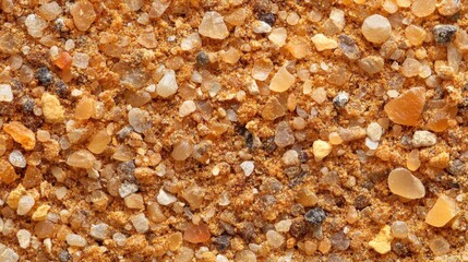 Closeup view of amber colored sand grains and crystals