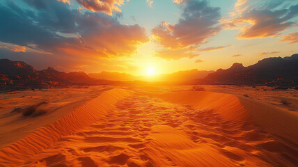 A stunning view of a vast desert landscape at sunrise, with golden sand dunes illuminated by the first light of day and a sky filled with soft pastel colors, creating a serene and beautiful scene.