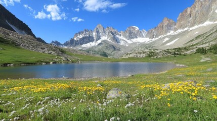 Serene Alpine Lake with Blooming Wildflowers