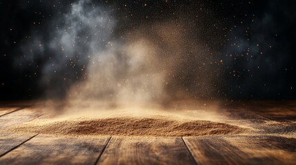 Brown powder on dark wooden surface with smoke and dust