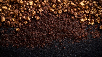Gold nuggets scattered on dark brown soil