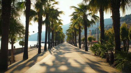 Obraz premium Palm Tree Lined Promenade by the Lake