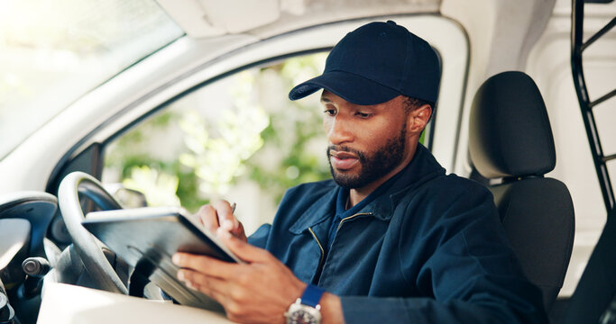 Courier, delivery and man with tablet in transport for checking customer address or online order checklist. Logistics, van and black driver writing on digital app for package location and parcel info