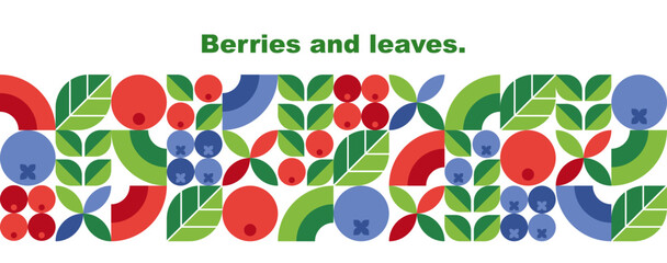 Cranberries and blueberries. Abstract geometric background with berries and leaves. Organic food. Banner template. Set of icons in simple flat bauhaus style. Seamless pattern. Vector illustration. © Anna Sm