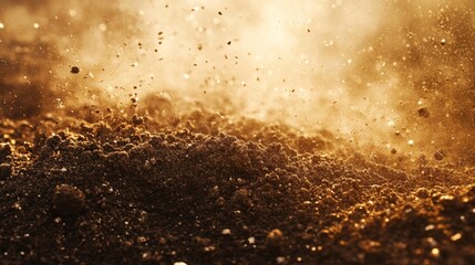 Golden Dust Rises Above Dark Soil Ground