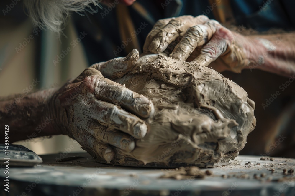 Poster elderly artisan skillfully shaping clay on a pottery wheel in a rustic workshop surrounded by crafti
