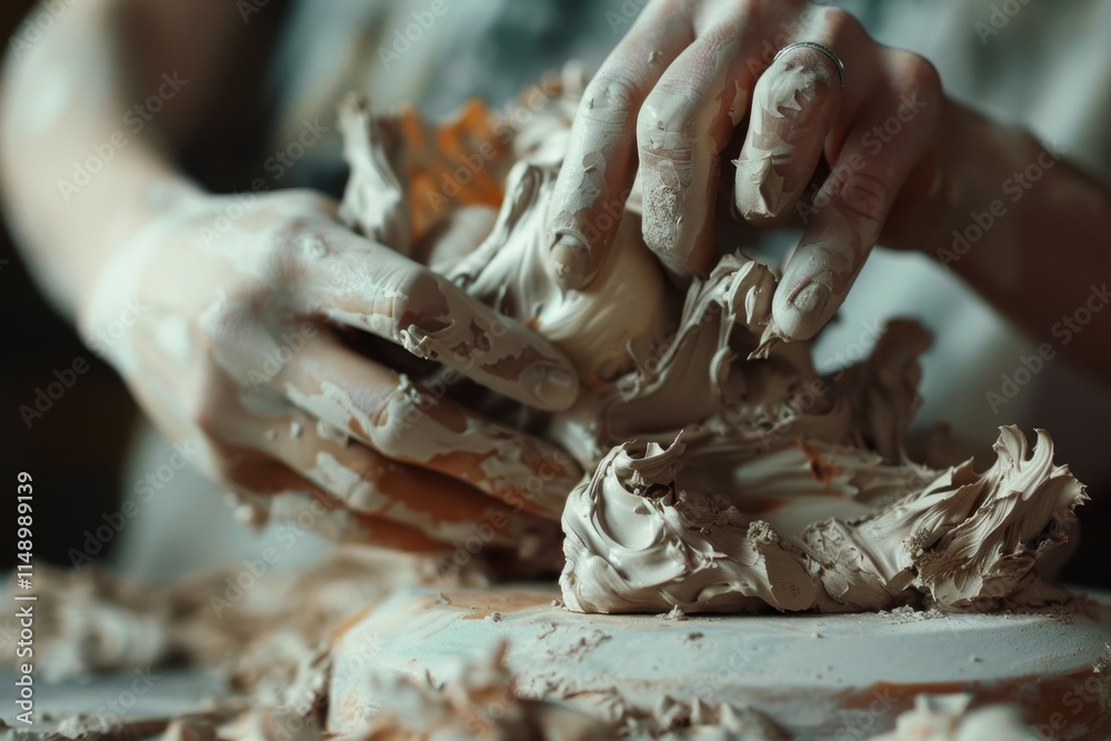 Poster Elderly artisan skillfully shaping clay on a pottery wheel in a rustic workshop surrounded by crafting tools and natural light filtering through windows