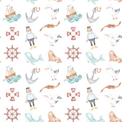 patron con tematica nautica pintado a mano en acuarela. Capitan de barco, ancla, ballena, lobo marino, gaviota, timon, salvavidas. Ideal para niños. © Vanillaillustrations