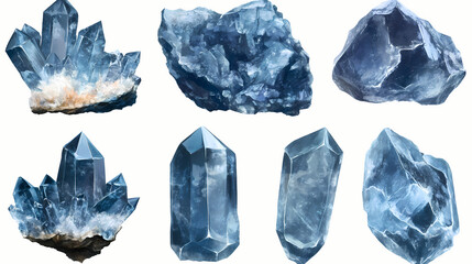 Fototapeta premium Celestite collection: heavenly 3d digital art of blue gemstone. spiritual crystal set for meditation and healing energy, isolated on transparent background. Celestine. Illustration