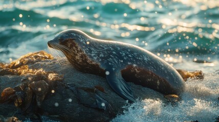 Fototapeta premium Sea lion on rock with murky water, showcasing pollution's impact on coastal wildlife