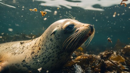 Fototapeta premium California sea lion resting near polluted shoreline, surrounded by microplastics