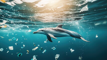 Obraz premium Common dolphin swimming near plastic waste, highlighting ocean pollution impact