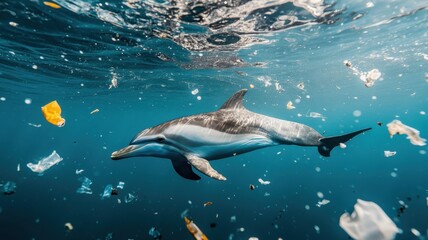 Obraz premium Graceful dolphin surrounded by pollution, a somber look at marine environmental challenges