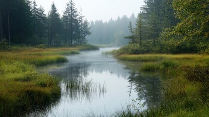 Fototapeta premium Misty Forest Creek Landscape