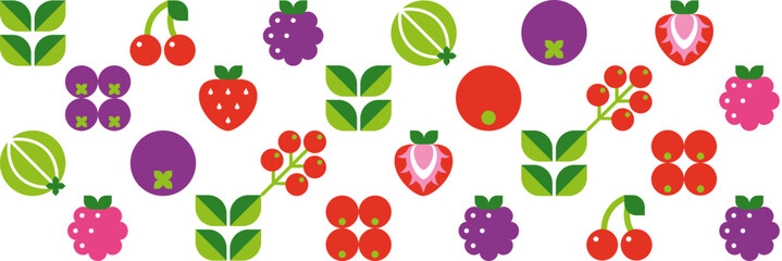 Obraz premium Abstract geometric seamless pattern with berries and leaves. Modern background. Organic food. Set of icons in simple flat bauhaus style. Vector illustration.