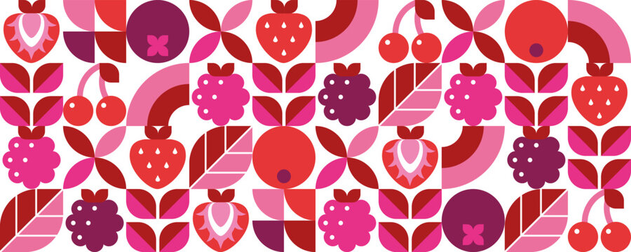 Abstract geometric seamless pattern with berries and leaves. Modern background. Organic food. Set of icons in simple flat bauhaus style. Vector illustration.