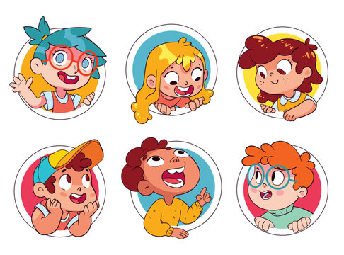 Cartoon collection of little kids portraits. Children of different nationalities and various gestures holding empty white board. Children peek out of the symbolic circle. Place for text. Blank banner