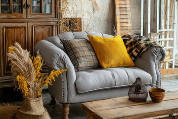 Fototapeta premium The stylish boho composition in a living room interior, providing a perfect balance of design, comfort, and creativity in modern living spaces.
