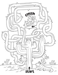 Children logic game to pass the maze. Help the lizard through the cactus maze. Educational game for kids. Choose right path. Funny cartoon character. Worksheet page. Coloring book
