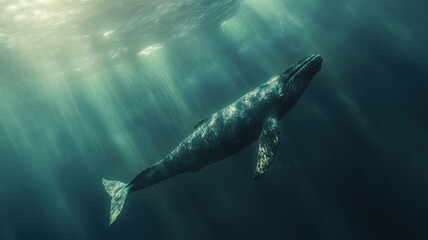 Fototapeta premium Gray whale gliding through polluted waters, oil slicks and heavy metals visible
