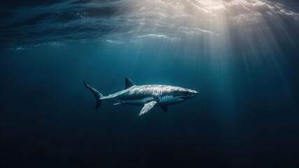 Obraz premium Majestic great white shark in ocean with floating microplastics, highlighting marine threats