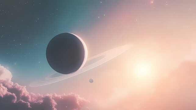 A tranquil pastel cosmos with saturn the sun and the moon encircling the enigma of a black hole. Celestine. Illustration