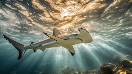 Fototapeta premium Hammerhead shark in open waters with pollutants, showcasing habitat degradation