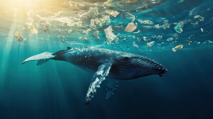Fototapeta premium Humpback whale gliding through polluted waters, microplastics and waste visible