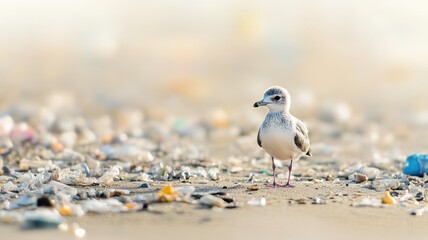 Curious gull navigating polluted sand, highlighting threats to marine bird species