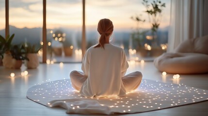 Woman meditating peacefully in a serene room with soft lighting and a view.