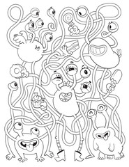 Children logic game to pass the maze. Find candy for the monster. Educational game for kids. Choose right path. Funny cartoon character. Worksheet page. Coloring book