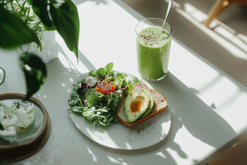 A healthy breakfast with avocado toast, bread and smoothies on a light background. Concept: proper nutrition. Start of the new year.