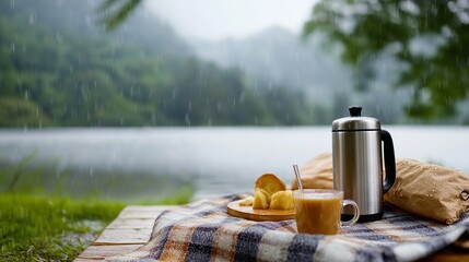 Fototapeta premium Rainy day picnic by the lake. Enjoying coffee and pastries.