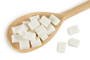 Sugar cubes in a wooden spoon isolated on white background. Top view. Flat lay