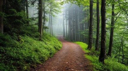 Obraz premium Misty Forest Path - Serene Nature Escape