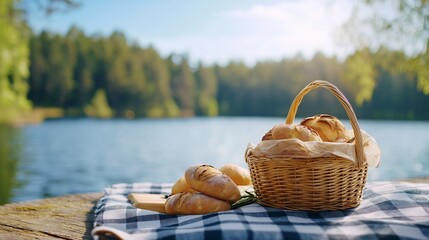 Lakeside picnic with freshly baked bread.