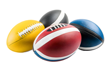 Assorted Rugby Balls in Various Colors on a White Background for Sports Enthusiasts and Events