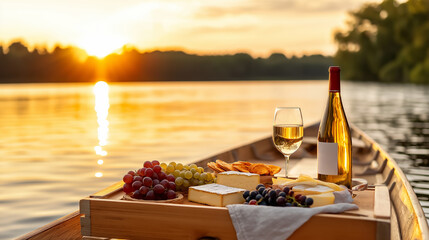 Sunset picnic on a boat with wine and cheese.