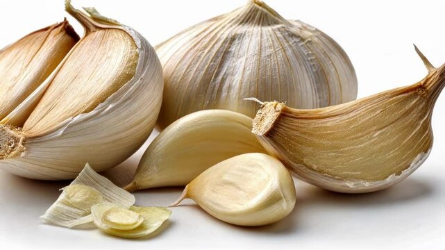 Pungent Garlic Cloves A closeup shot of a few peeled garlic cloves their creamy white glistening slightly with fragments of their papery skin tered around.