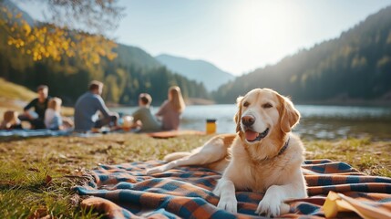 Golden Retriever relaxing by a lake during a family picnic.