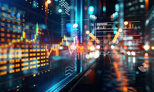 Glowing stock market graphs on digital screen with city at night in background - Powered by Adobe