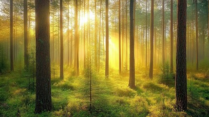 Fototapeta premium Sunlight Streaming Through Trees in a Serene Forest Landscape