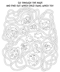 Children logic game to pass the maze. Go through the maze and find out which child owns which toy. Educational game for kids. Choose right path. Funny cartoon character. Worksheet page. Coloring book