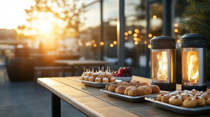 Outdoor evening gathering with pastries and warming fire features.